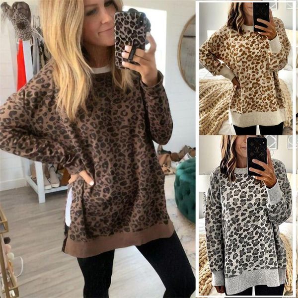 Hoodies das mulheres camisolas para mulheres Suéter Sudadaras Vintage 2021 Outono Leopardo Redondo Pescoço Irregular Longa-manga Tops