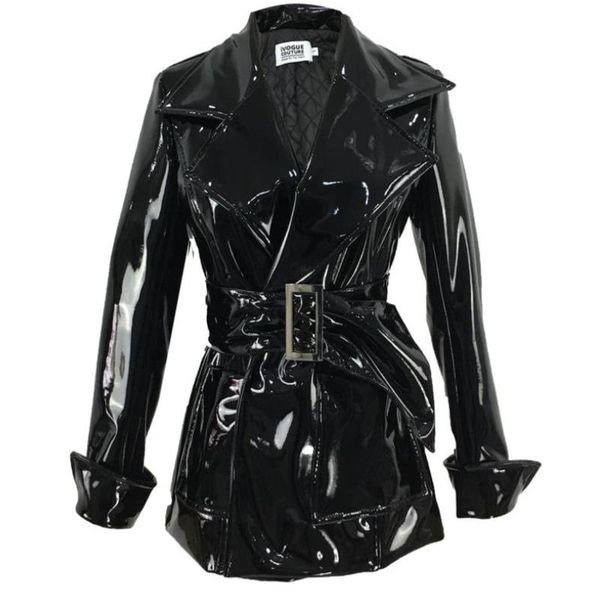 

women's leather & faux 2021 fashion glossy patent jackets pu clothes female street style was thin long coat winter add cotton thicken, Black