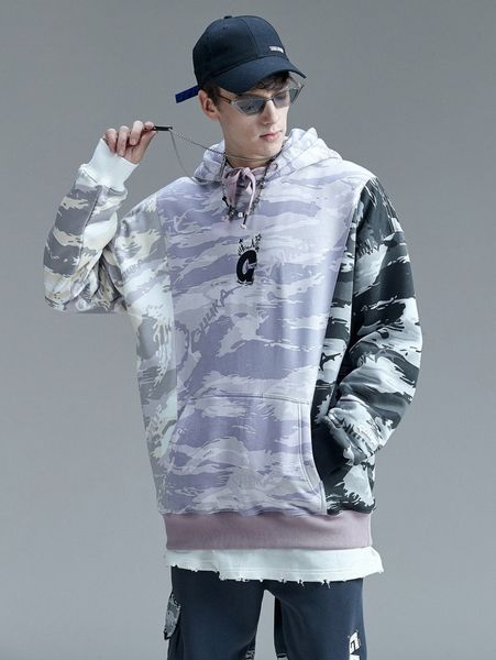 

men letter & camo print colorblock drawstring hoodie x79h#, Black