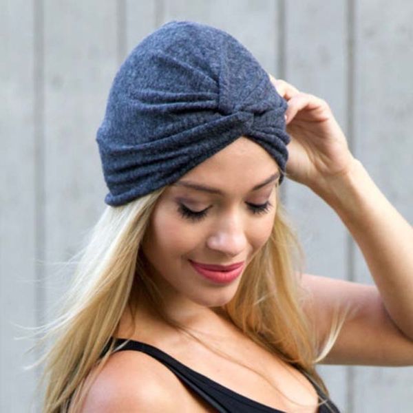 

new arrival intersecting headscarf design women beanie daily turban head wrap band sleep hat pleated yoga sport cap, Blue;gray