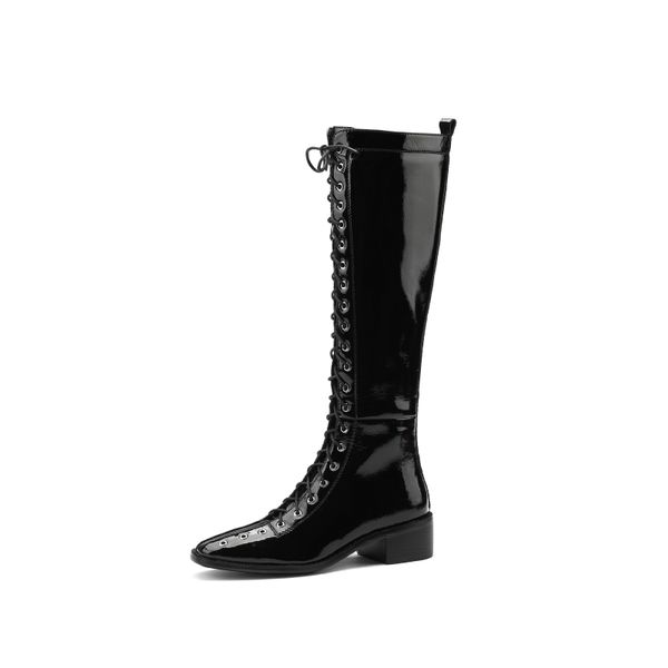 

elegant motorcycle shoes woman winter boots for women genuine leather lace up square toe thick med heels knee high boots, Black
