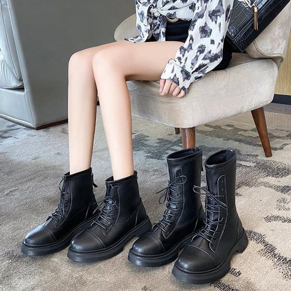 

women warm ankle boots lace up zipper pu leather sewing ladies shoes female sewing platform footwear women's motorecycle boots, Black