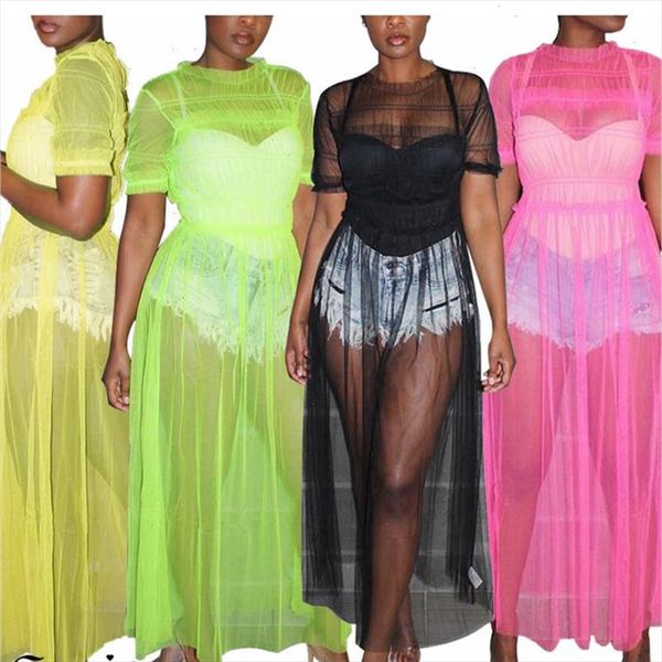 

2021 summer new fashion women see through mesh sheer dress tulle lace long sundress fit and flare ankle length dress clubwear, Black;gray