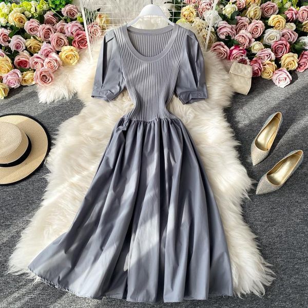 

fashion women midi dress summer elegant round neck short sleeve dresses female a-line casual dress gray black 20201, Black;gray