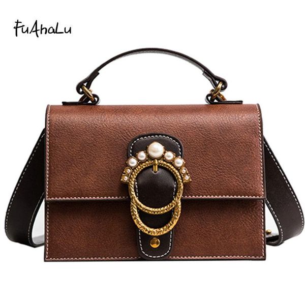 

fuahalu new women's fashion pearl lock portable shoulder bag vintage wild messenger small square bag