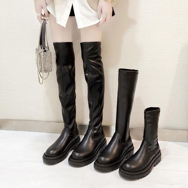 

round toe boots women new 2020 thigh high heels high luxury designer female shoes lolita over-the-knee med, Black