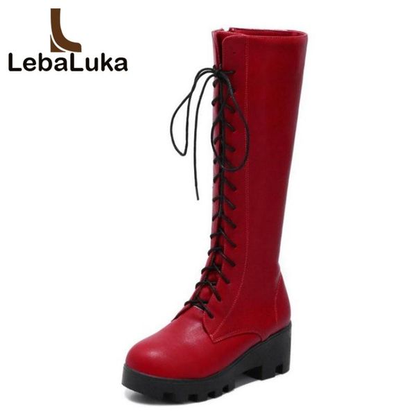 

tuyoki women knee boots fashion fur lace up round toe zipper high heel boots winter warm shoes women footwear size 34-43, Black