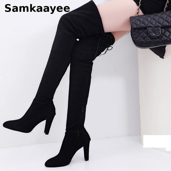

plus size 35-43 womens boots winter female knee botas thigh high platform shoes stretch flock 9cm high heels zipper zapatos y42, Black
