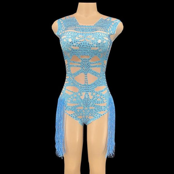 

stage wear sparkly rhinestones tassel bodysuit women performance dance costume singer skinny leotard rave festival clothing, Black;red