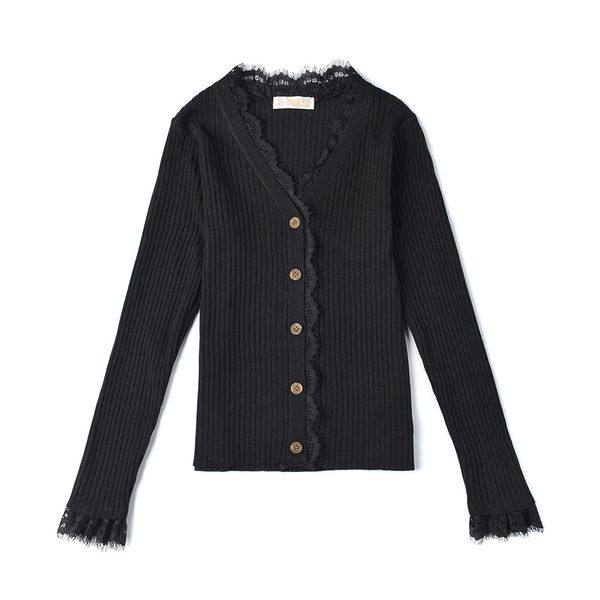 

2021 new women knit lace button sweater autumn winter v neck pullover sweaters soft female jumper robe pull jersey 8tqg, White;black