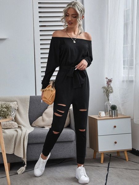 

ripped self tie bardot jumpsuit q8bs#, White