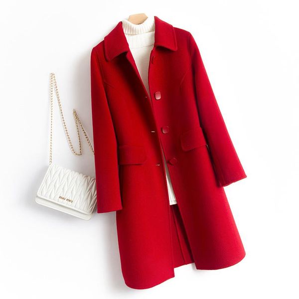 

women's wool & blends double sided overcoat for autumn and winter 2021 small mid long slim korean woolen, Black