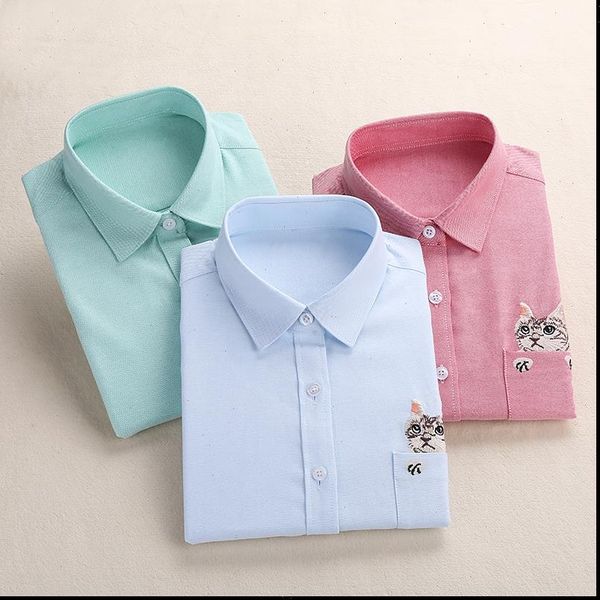 

women embroidery shirt cat school blouses office ladies female blusas plus size embroidered work shirt autumn 2021, White