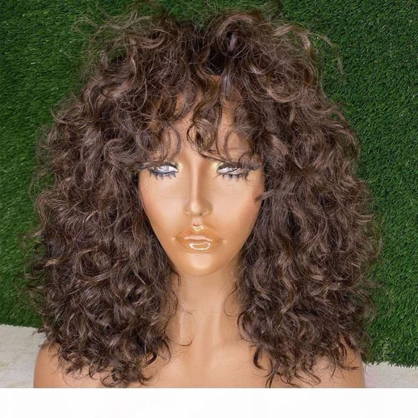 

chocolate brown natural curly lace front human hair wigs with baby hair 180density fringe 360 lace wigs with bangs remy, Black;brown