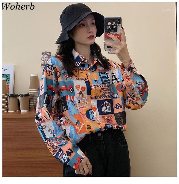 

woherb oversized streetwear shirt women hiphop korean japanese vintage print shirt blouse harajuku 2020 loose blusas1, White