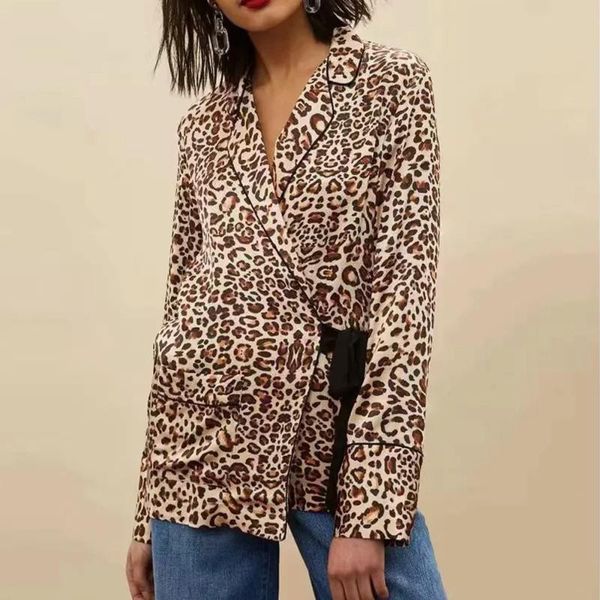 

women's jackets outerwear & coats fashion women lapel leopard print side waist bow frenulum shirt and 2021sep28, Black;brown