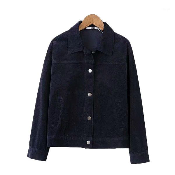 

women corduroy jacket short croped turn down collar button camel navy blue casual c02981, Black;brown