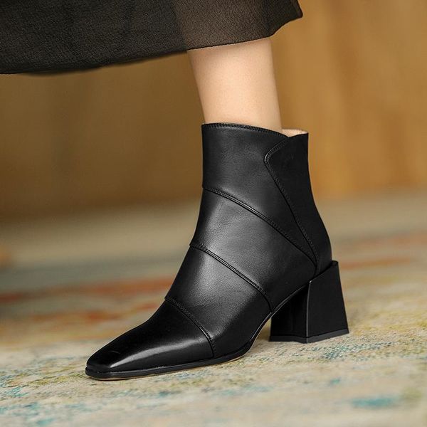

elegant winter boots for women genuine leather side zipper square toe thick high heels ankle boots dress wedding shoes woman, Black