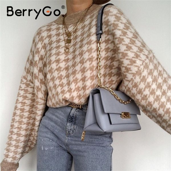 

berrygo women geometric khaki knitted sweater women casual houndstooth lady pullover sweater female autumn winter retro jumper lj200818, White;black