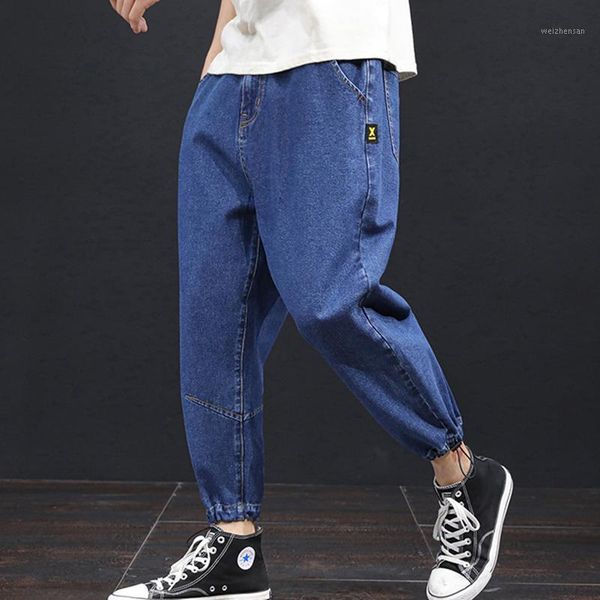 

summer loose feet pants large size jeans men plus size fashion trend simple nine-point beam feet pants jean for youth men1, Blue