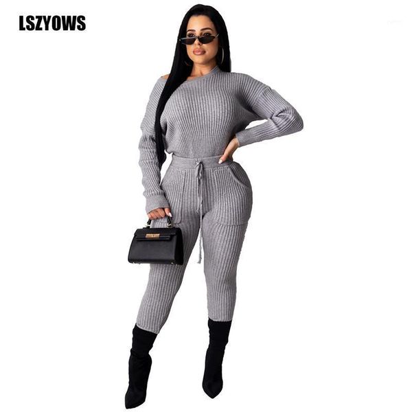 

ribbed knitted two piece set for women solid o neck long sleeve pullovers and high waist pants female winter warm casual outfits1, Gray