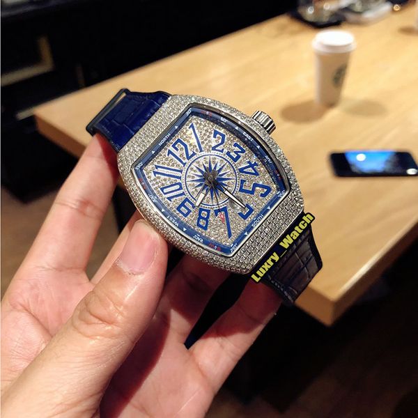 

high version yachting v45 sc dt yachting og diamond date dial automatic mechanical mens watch silver diamonds case leather designer watches, Slivery;brown