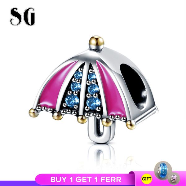 

sg fit europe bracelet 925 sterling silver cute pink enamel bumbershoot charm umbrella beads with blue cz for women gifts