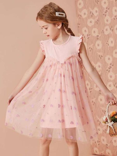 

girls heart print frill trim mesh overlay dress she, Red;yellow