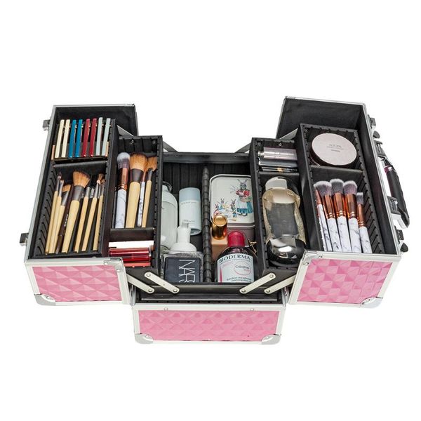 

multi-layer professional portable aluminum cosmetic makeup case pink
