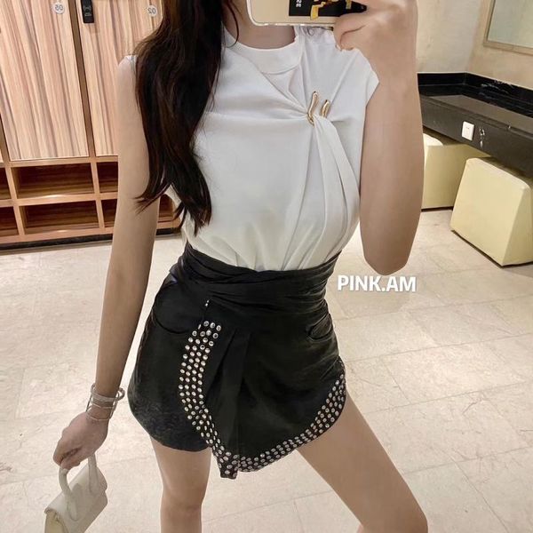 

2020 model new spring brooch solid color design machine careful half collar short sleeve upper female shirt ru1j, White