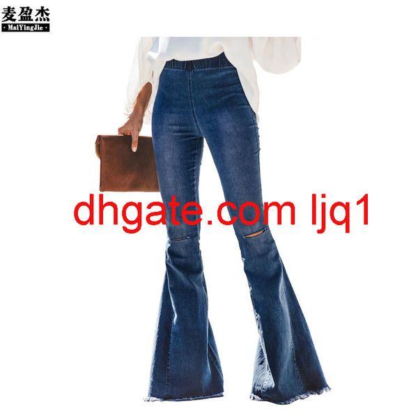 

2020 autumn new lace tassel jeans flared jeans women, Blue