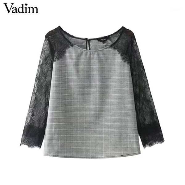 

vadim women sweet lace patchwork plaid shirt houndstooth long sleeve blouse vintage autumn fashion casual blusas lt23641, White