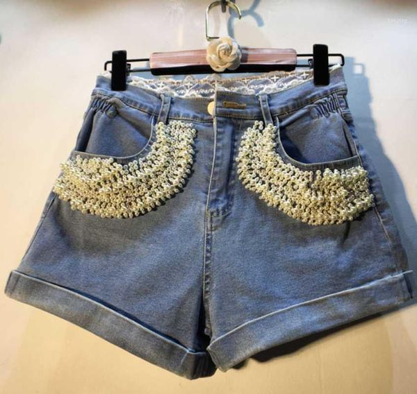 

heavy industry summer fashion beads pearl denim shorts women stitching lace high waist wide leg jeans shorts1, White;black