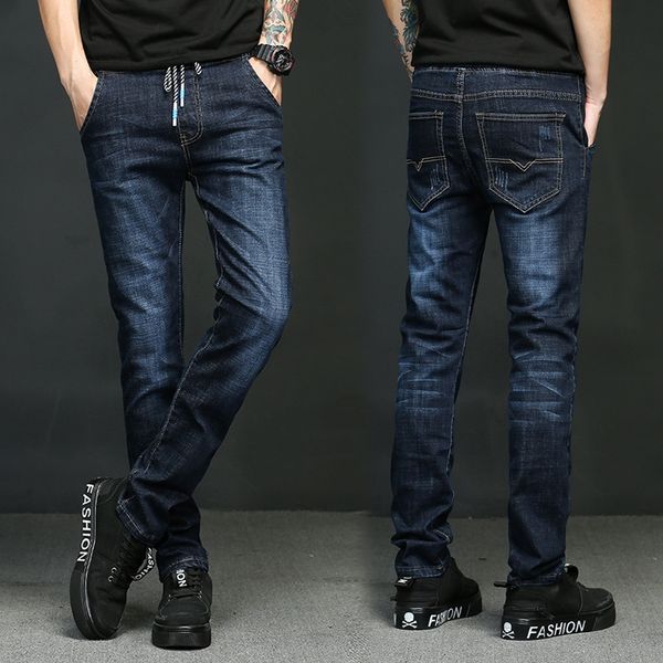 

autumn casual pants jeansjeans and jeansunconventional elastic waist dark blue jeans men's straight tube slim men's casual pants w