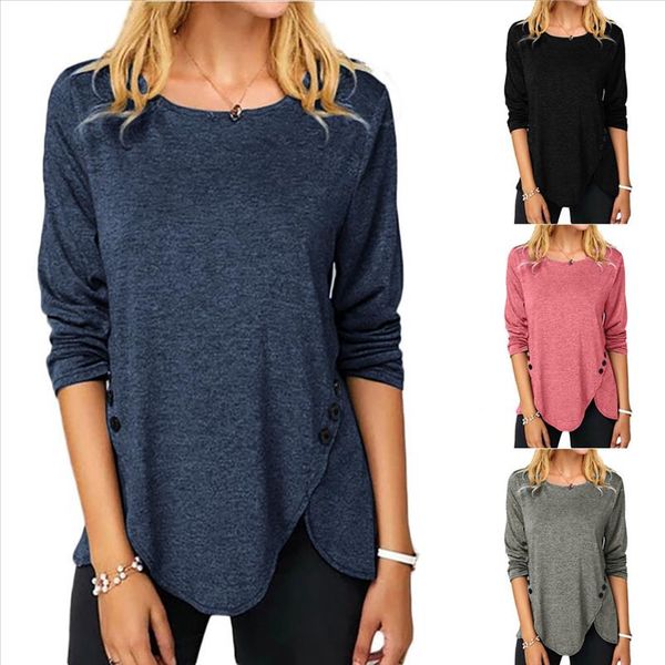 

fashion womens causal solid color shirts round neck button stitching blouses winter 2021 dropshipping fashion w, White