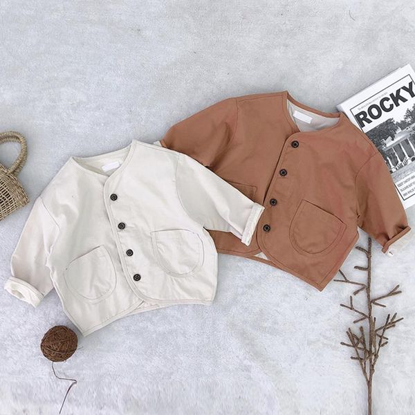 

2020 children's clothing autumn kid korean pure colored coat cotton single-row button collar-less casual jacket, Blue;gray