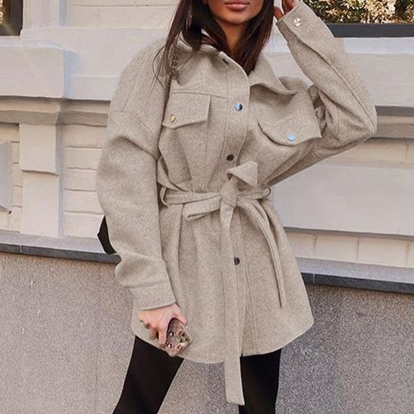 

women's jackets solid adjustable waist shirt jacket women pockets button streetwear female 2021 autumn winter fashion short coats, Black;brown