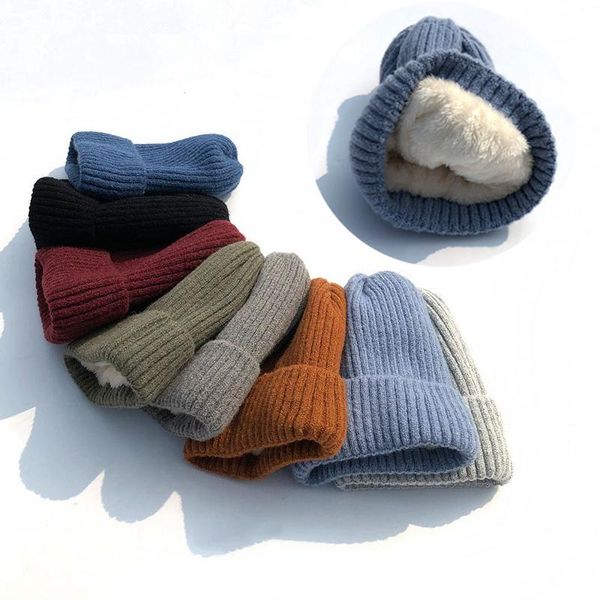 

winter warm thick plus plush knitted women hat solid color soft beanie knitting bonnet cap for woman, Blue;gray