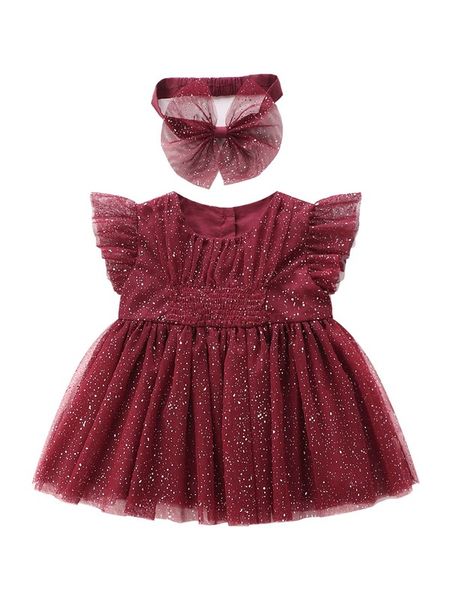 

baby sequin mesh smock dress with headband she01, Red;yellow