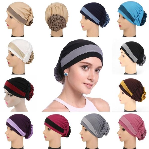 

beanie/skull caps women turban cap hijab muslim inner cover wrap head hat chemotherapy arabian solid color two-color matching, Blue;gray