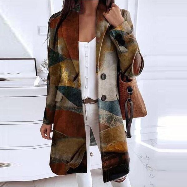 

зимний пейзаж печать печать карманный пиджак элегантный воротник воротник воротник женщин с длинным рукавом средняя длина отворота шерстяной, Black;brown