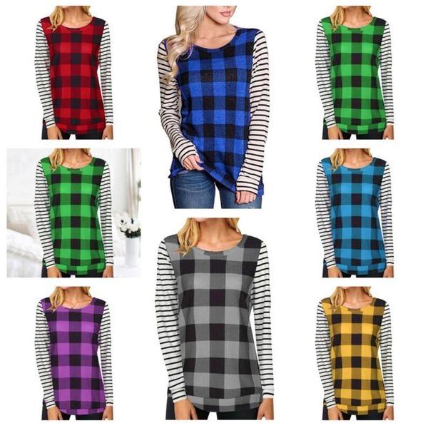 

spring womens plaid patchwork blouses designers t-shirt long sleeve pullover hoodie striped checkered t shirt sweat shirt outfits g11205, White