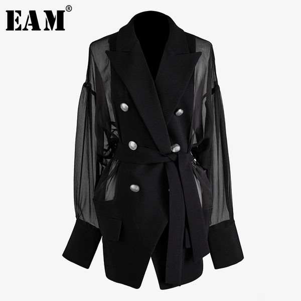 

[eam] women black mesh stitch double breasted blazer new lapel long sleeve loose fit jacket fashion spring summer 2020 wm25001, White;black