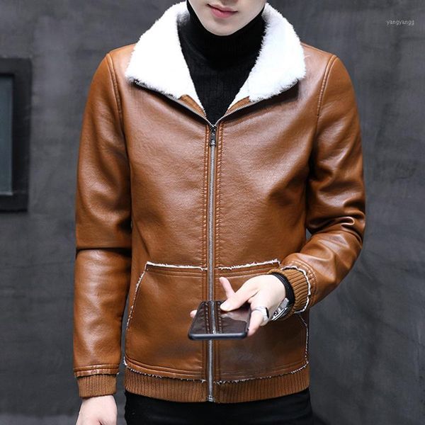 

autumn winter men thick warm cashmere leather jackets coats faux fur collar pu leather jacket plus velvet outerwear1, Black