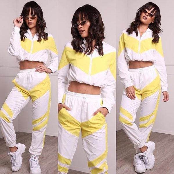

women's tracksuits spring women yellow white stitching color jogging suits fashion fitness pants female 2 pieces sets outfits, Gray