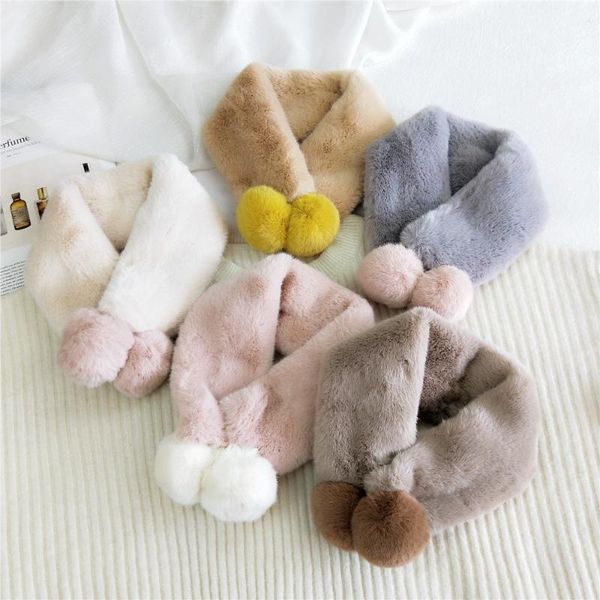 

autumn winter shawl thicken double fur ball snood scarf solid color pompom neck warmer plush scarf faux fur collar scarves, Blue;gray
