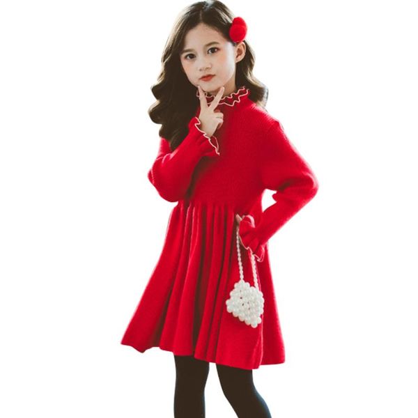 

girl's dresses girls sweater dress solid knitted for girl autumn winter kids thick warm costume 6 8 10 12 14, Red;yellow