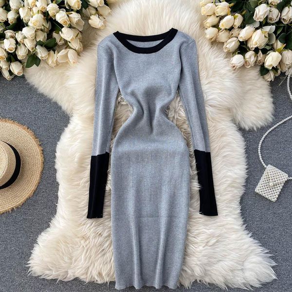 

женщины тонкие вязаные платья мода эластичные сплошные длинные рукава платье осень зима базовый корейский оболочка теплый свитер, Black;gray