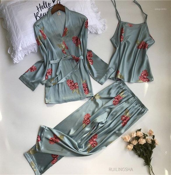 

women summer 3 pieces robe sets faux silk flower print kimono pijamas plus size nightgowns sleepshirts woman sleepwear sets1, Black;red