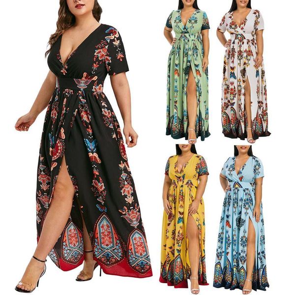 

#h40 summer plus size long dress women butterfly printed short sleeve high split maxi dress deep v-neck bohemian boho dresses, Black;gray